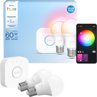 Koop Philips Hue Essential A60 White and Color Starter Pack E27 806lm 2-pack + Bridge - 8721103103635